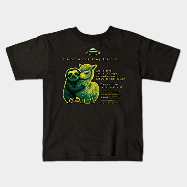 Conspiracy Sloth and Alpaca Kids T-Shirt by Mufang